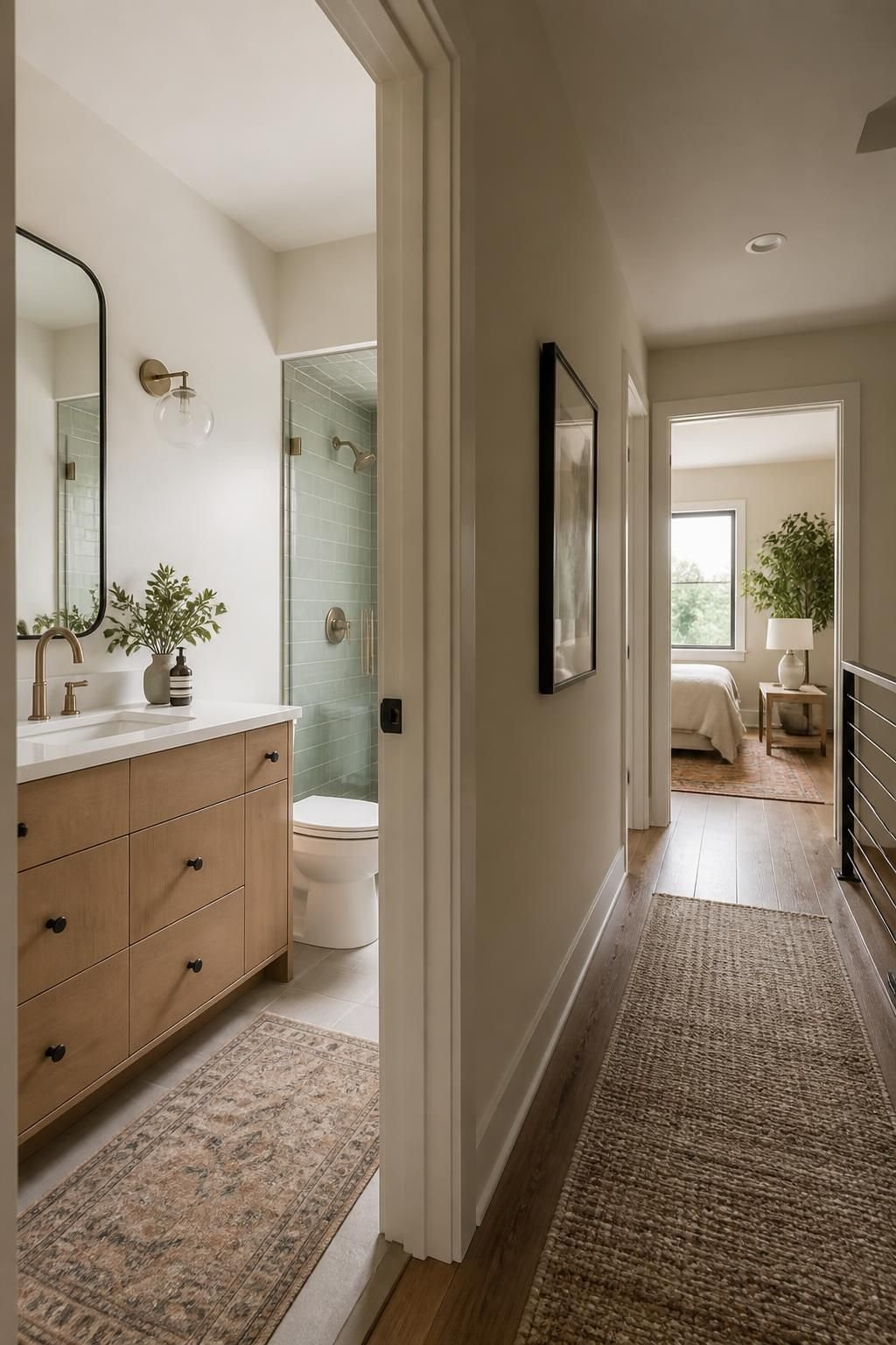Modern remodeled bathroom and hallway with soft natural light.