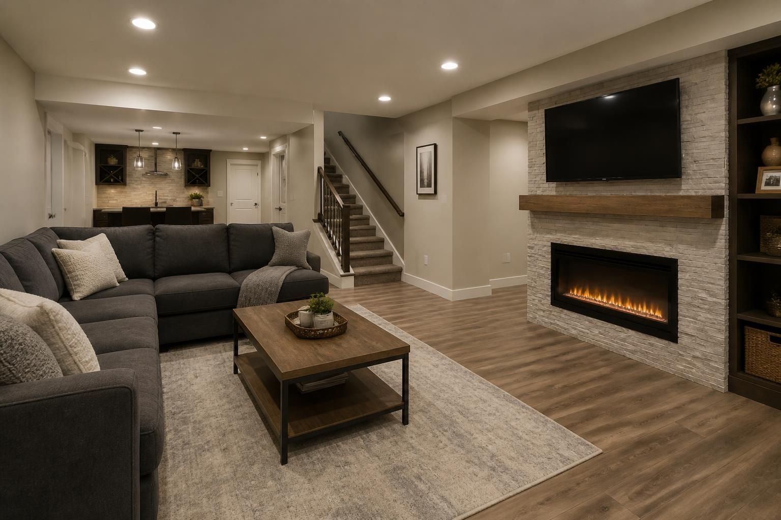 Finished basement living area with warm lighting and clean flooring.