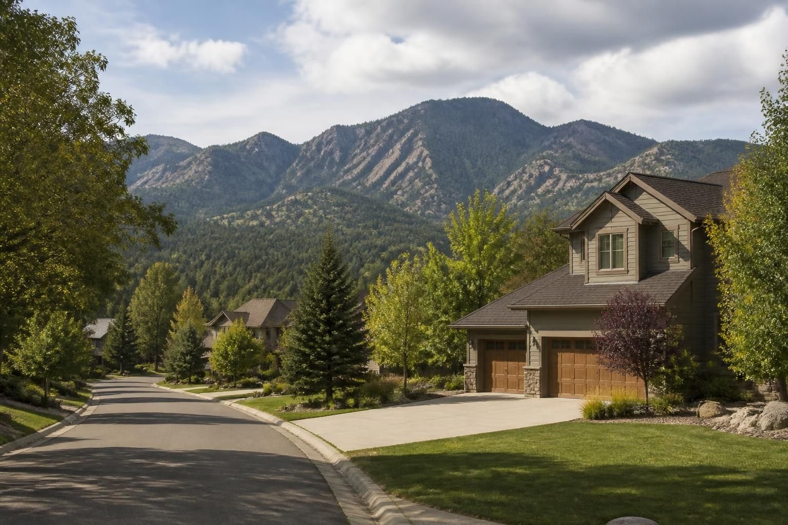Foothills neighborhood with homes among trees and soft light.