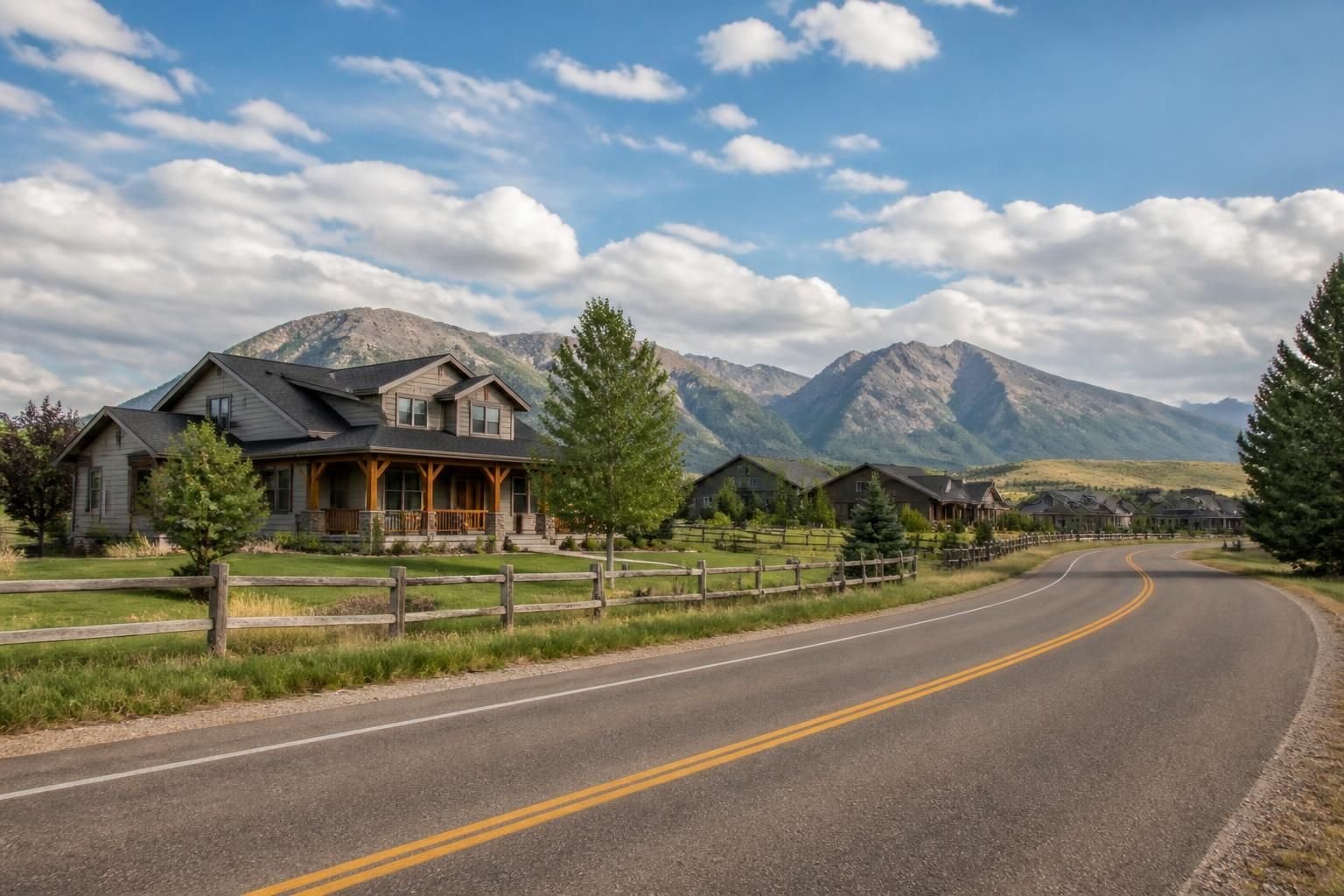 Quiet rural neighborhood with open land and simple homes.