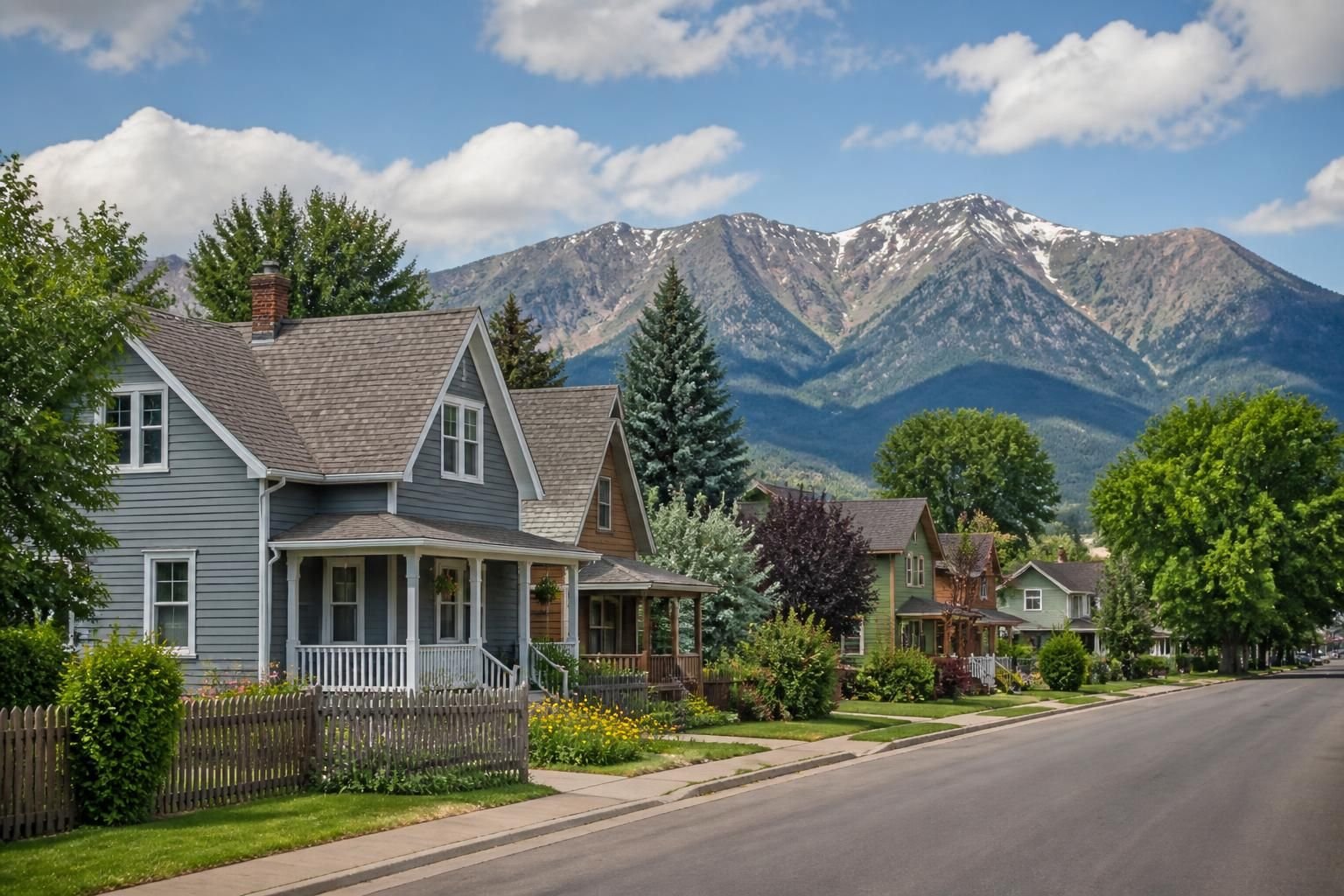 Quiet small-town residential street with open Colorado sky.