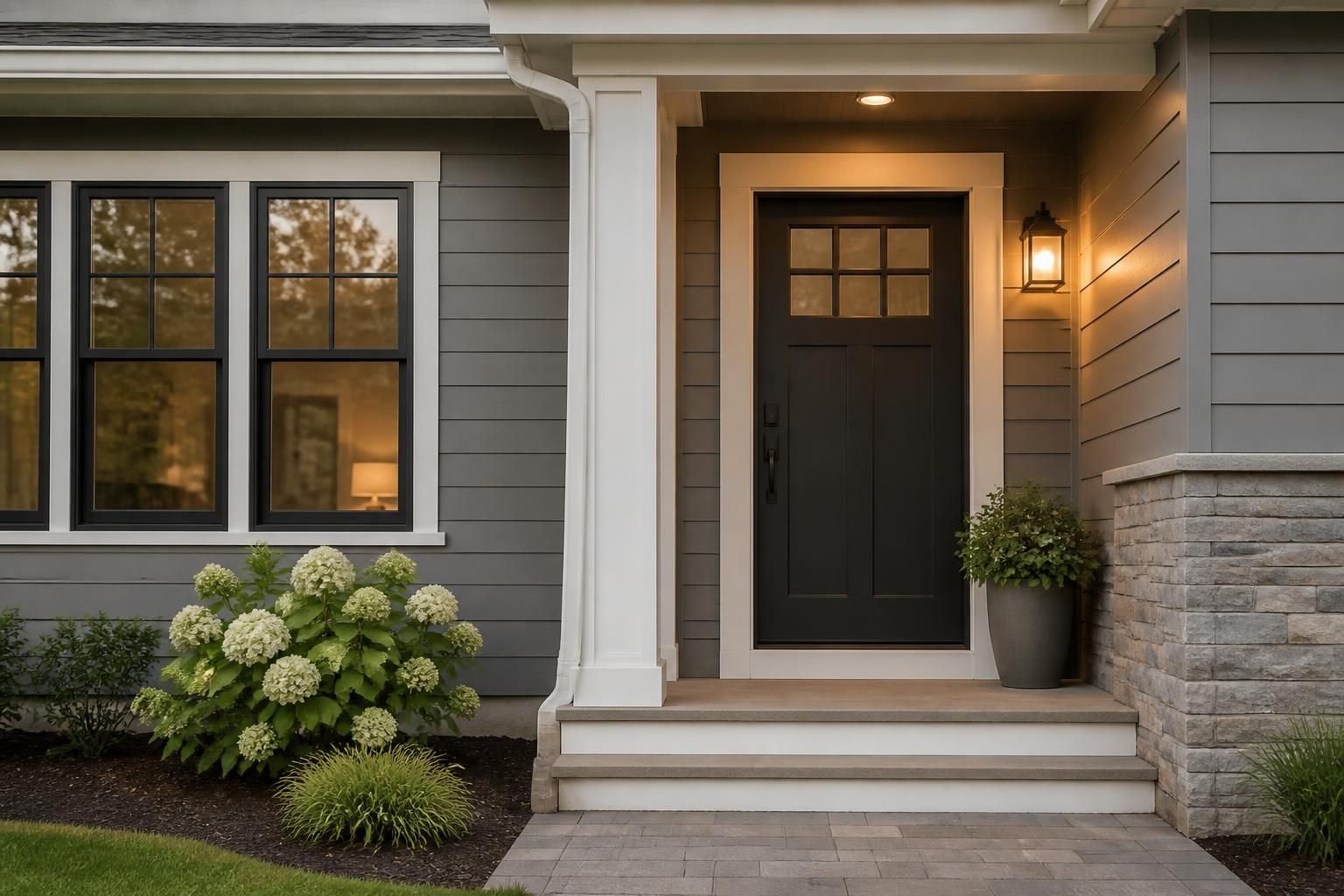 Updated home exterior with new siding, windows, and entryway.