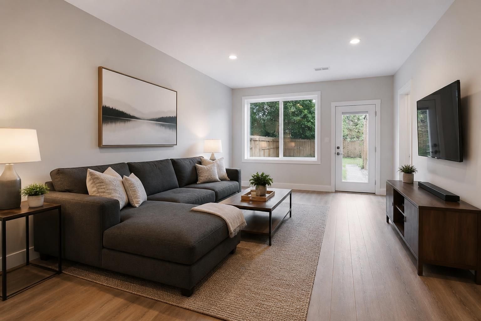 Finished garage conversion turned into a livable interior space.
