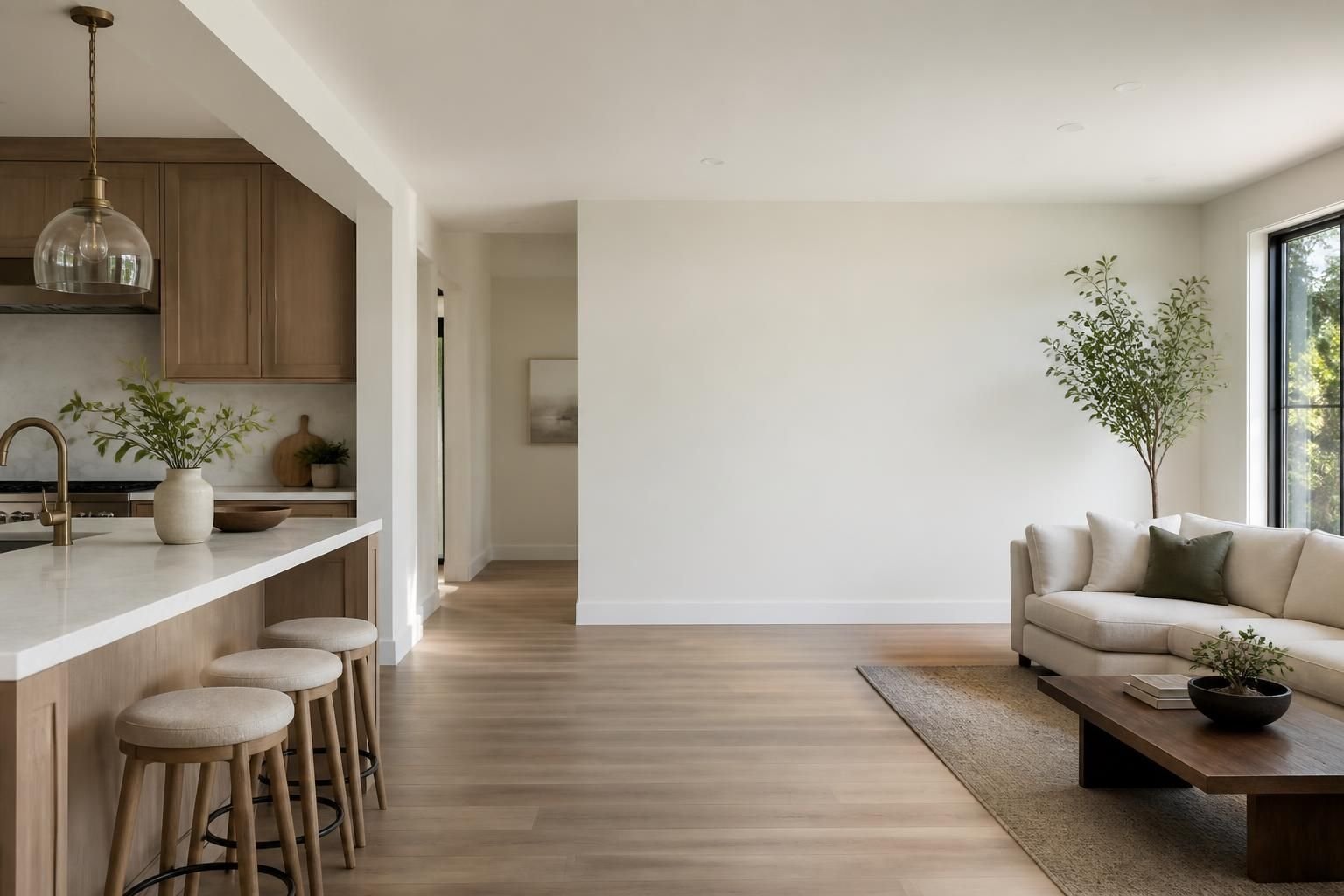 Bright remodeled home interior with open space for text overlay.