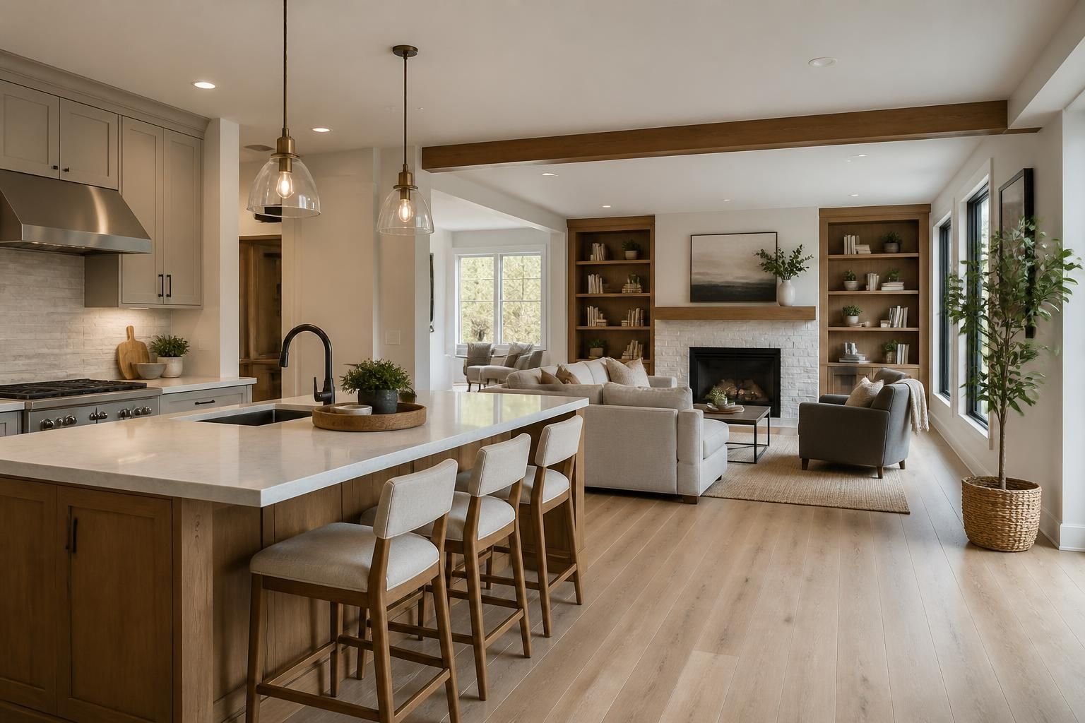 Wide view of a remodeled open-plan kitchen and living area with natural light.