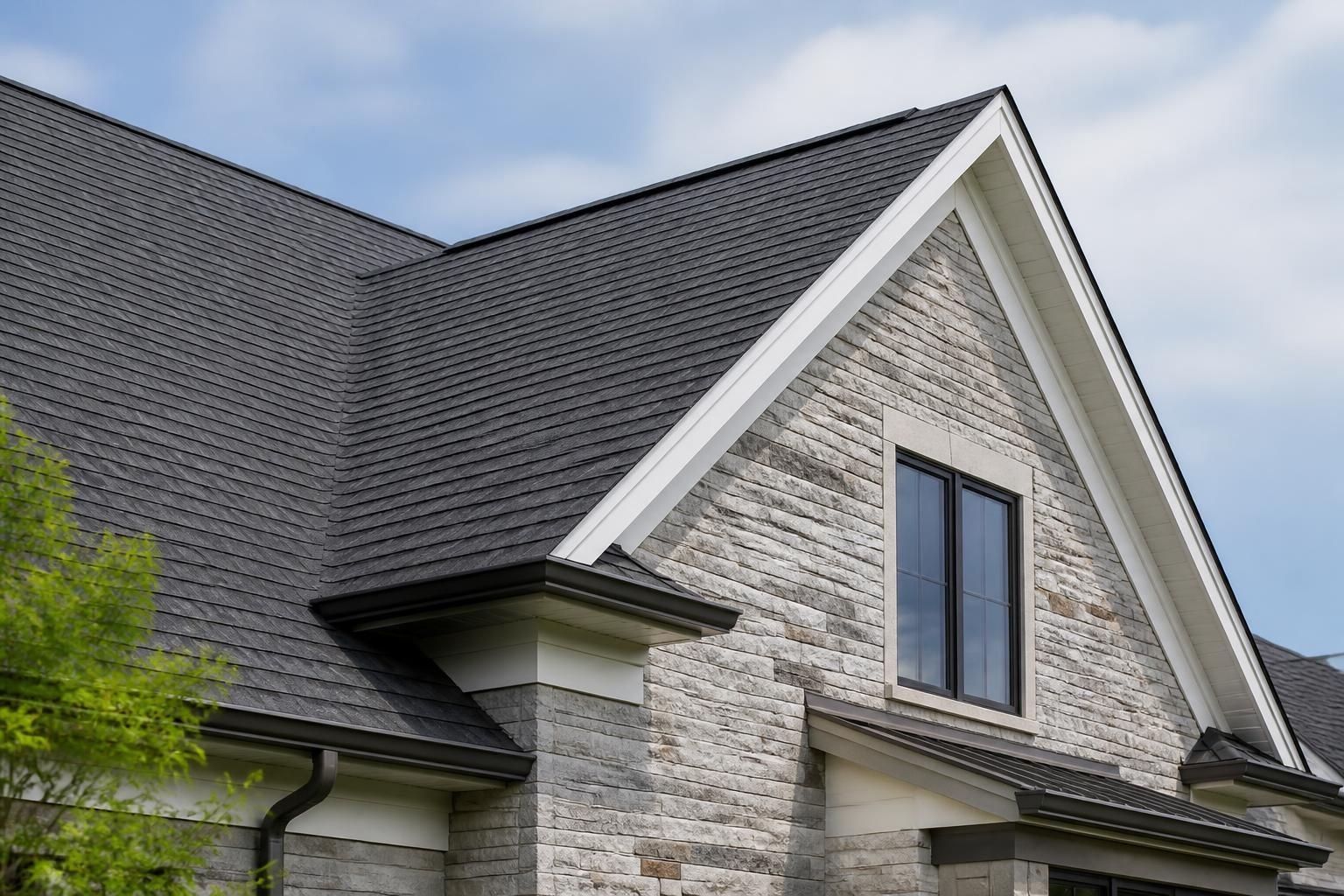 Finished residential roofline with clean new shingles.