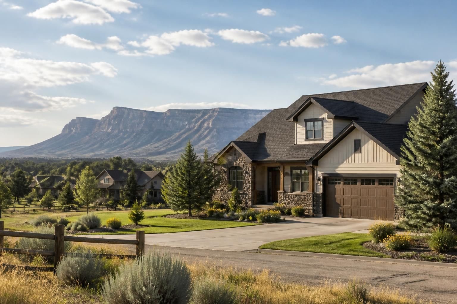 Semi-rural homes with larger lots and a mesa backdrop.