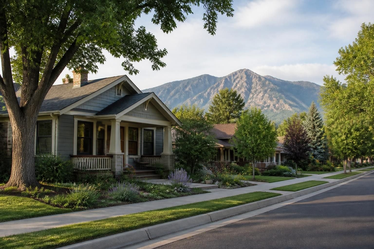 Quiet Colorado neighborhood with mature trees and homes.